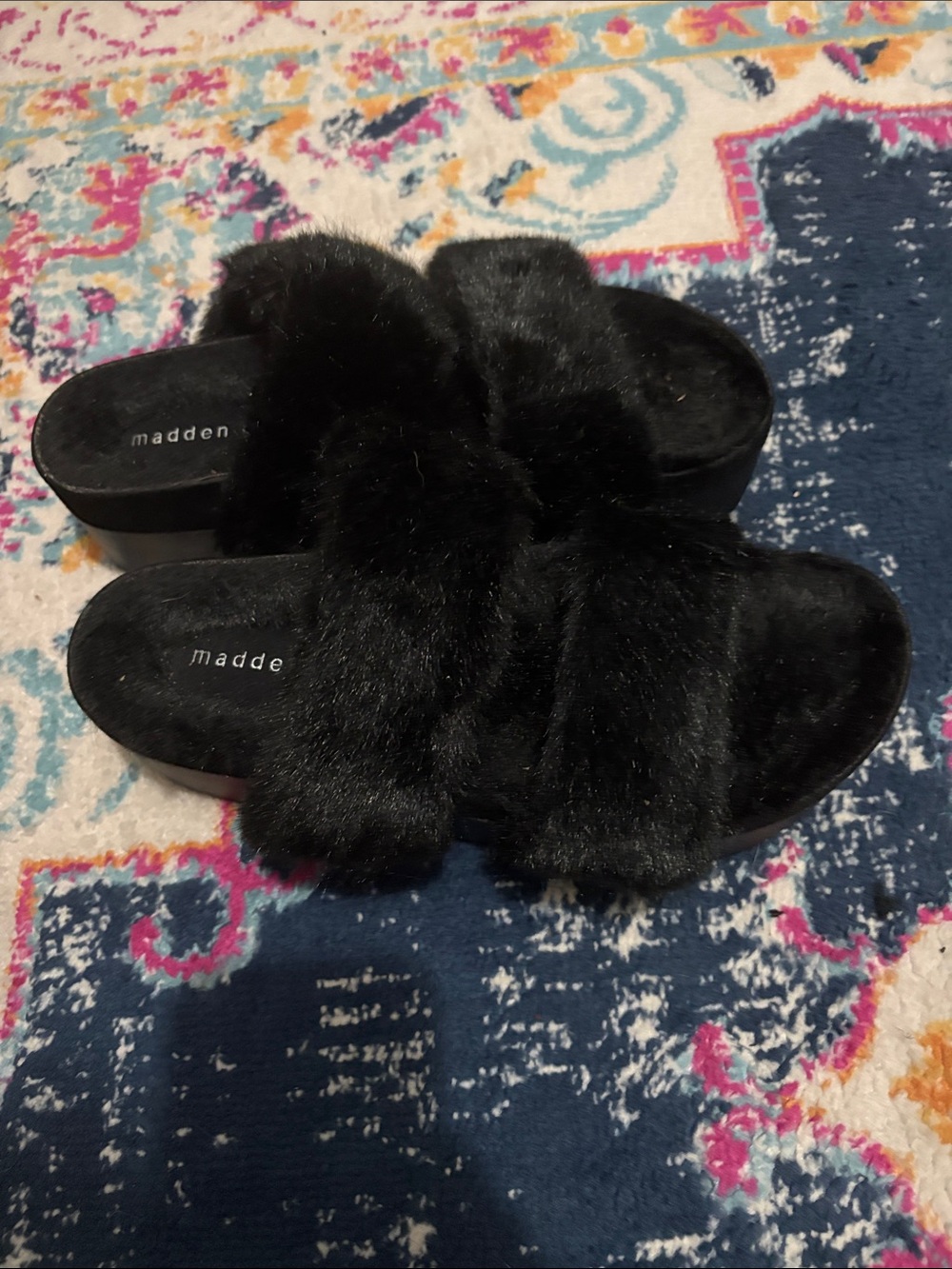 Madden Girl Black Faux-Fur Slide Slippers